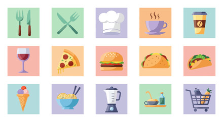 Colorful collection of food and restaurant related vector icons.