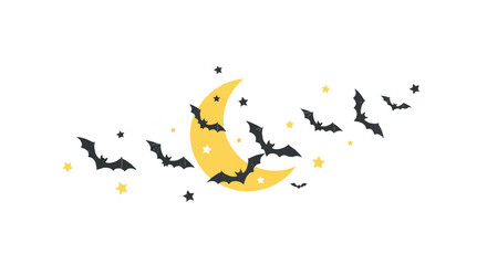 Illustration of a smiling yellow crescent moon surrounded by flying bats and stars on a white background with a spooky nighttime atmosphere.