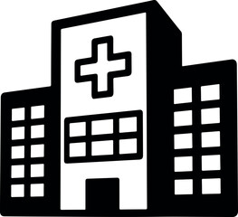 Obraz premium Stylized black and white icon of a modern hospital building with a large cross symbol