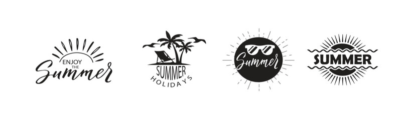 Summer gold icon with shell,sea,wave,tree,fish tail for kid design. Silhouette of tropical coconut palm tree in simple minimal vector design for summer themes, vector illustration.
