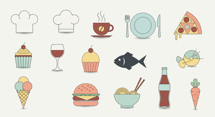 A delightful collection of food and drink icons perfect for menus and culinary designs.