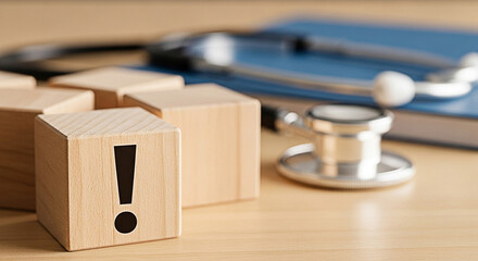 Wooden blocks with an exclamation mark symbol next to a stethoscope and blue medical book on a light brown wooden surface create a health alert