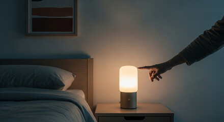 就寝前にベッドサイドランプに触れて消灯する手、静かな夜の寝室