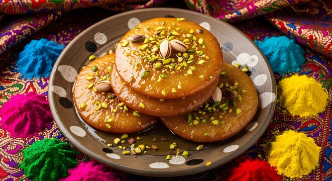 Delicious Indian Malpua pancakes soaked in syrup, garnished with pistachios 