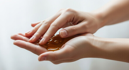 手のひらに広げたボディオイル、やさしくなじませる保湿ケア