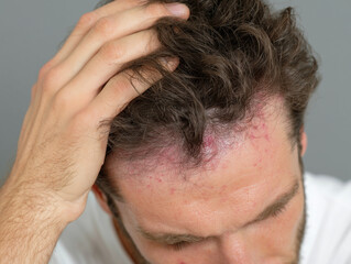 Fototapeta premium Scalp inflammation and redness in hairline of man showing irritation and discomfort. image captures condition affecting scalp area, highlighting need for care