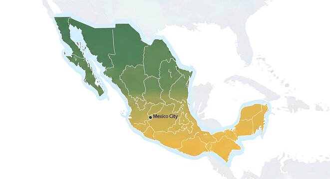 Detailed political map of Mexico with a color gradient showing regional divisions and the capital, Mexico City