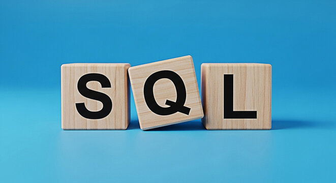Wooden blocks spelling sql on a blue background represent database management and query language for software development and data analysis