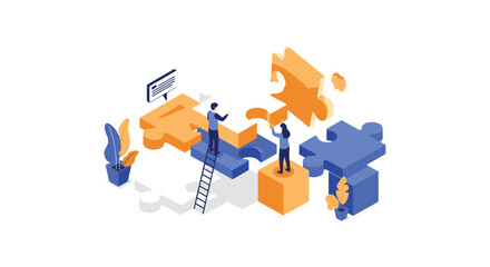 Naklejka premium Isometric illustration of two people collaborating to assemble puzzle pieces, symbolizing teamwork and problem-solving.