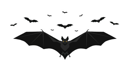 A large black bat in flight with outstretched wings surrounded by smaller bats against a white background.