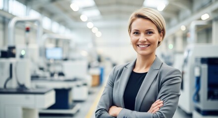 Young professional woman smiling confidently in a modern manufacturing facility