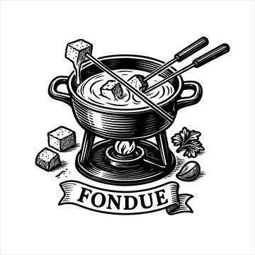 A vintage black and white woodcut illustration of a classic cheese fondue pot set with dipping forks and bread cubes.