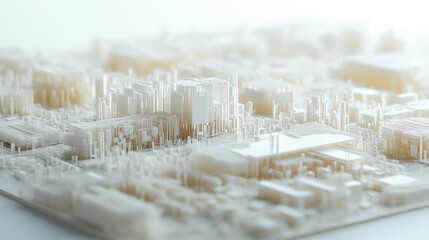 3D model of a city skyline showing detailed buildings and structures with a soft, blurred background effect