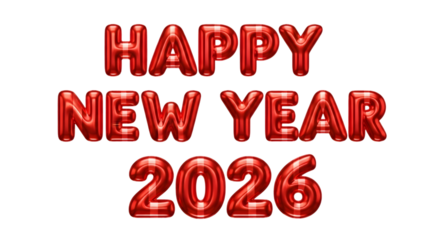 Shiny red foil balloons spelling happy new year 2026 isolated on transparent background