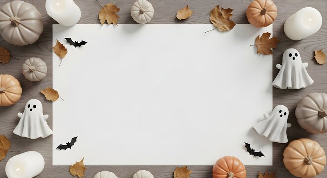 Whimsical Halloween flat lay featuring cute ghosts, pumpkins, bats, and autumn leaves surrounding a blank space for text or design