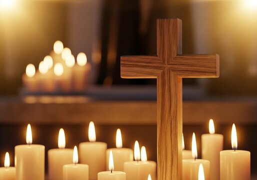 All Saints Day background with glowing candles, wooden cross, and warm spiritual light – Christian religious remembrance and faith concept