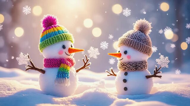 adorable snowman couple wearing colorful knitted hats and scarves, standing together on fresh white snow, gentle snowfall, dreamy bokeh background