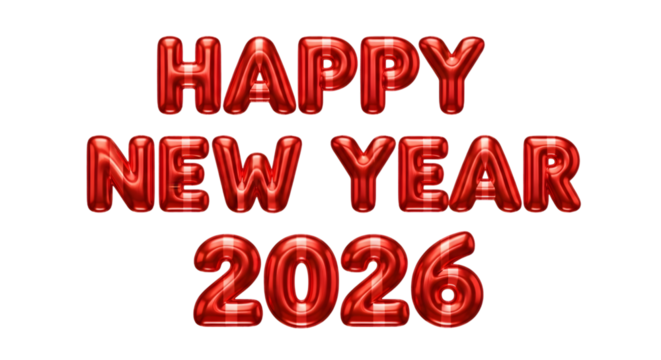 Shiny red foil balloons spelling happy new year 2026 isolated on transparent background