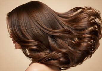 Naklejka premium Cropped shot of a beautiful woman’s hair against a beige background, showcasing healthy, brown hair – hair care, beauty, and self-care concept