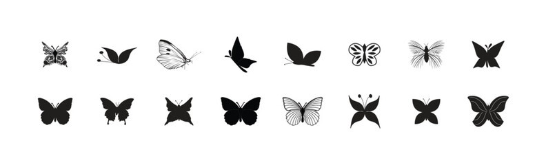 Set of stylised insects for decorating your work. A collection of black butterfly silhouettes shown from multiple angles and in various flight poses. vector illustration.