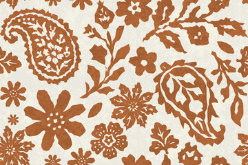 Rustic brown floral paisley seamless pattern featuring hand-cut-style botanical motifs and vintage textured background. Boho-inspired pattern blends traditional art. Organic shapes create a natural. © supachai