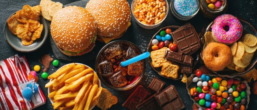 The burgers surrounded by fries, chocolate, colorful candies, donuts and assorted salty snacks