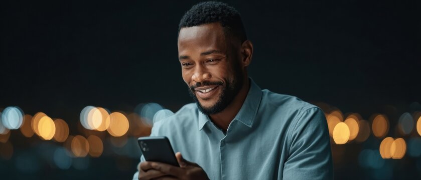 Smiling man checking smartphone with city night bokeh lights, casual shirt, relaxed expression conveying focus and positive emotion