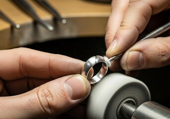 Cropped shot of a jeweler’s hands polishing a palladium ring in a craft workshop, highlighting smooth finish and meticulous care – artisan jewelry making and craftsmanship concept