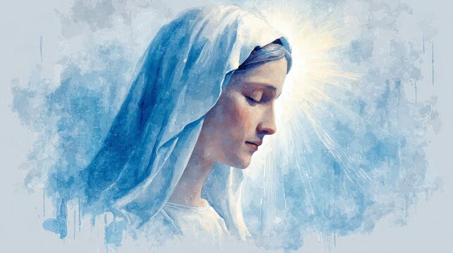 Watercolor portrait of the Immaculate Conception in glowing white light.