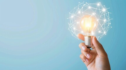 Hand Holding Light Bulb with Digital Network Overlay in Modern Technology Concept