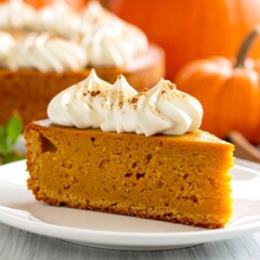 Slice of creamy, spiced cheesecake, topped with whipped cream, pumpkin back