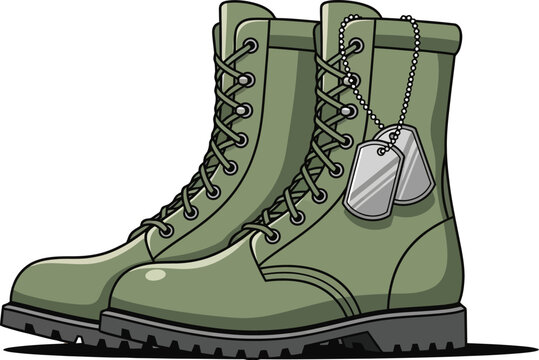 Vector art of pair of military boots with dog tags on an orange background, illustration