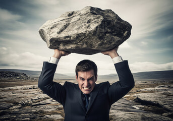 Businessman Lifting a Giant Rock Representing Pressure and Effort