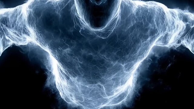Ethereal energy figure emanating bright light in darkness, digital art rendition