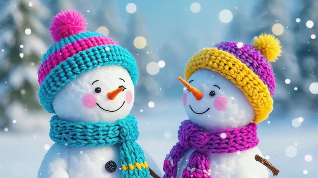 adorable snowman couple wearing colorful knitted hats and scarves, standing together on fresh white snow, gentle snowfall, dreamy bokeh background