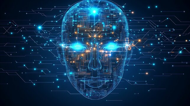Futuristic digital brain with binary code and light representing data network concept on a blue background illustration