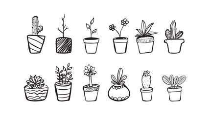Plant hand drawn collected illustration. Set of Houseplants outline drawings. Indoor exotic flowers in pots line art. Monsters, aloe, hanging plant for home interior plans, design. Vector illustration