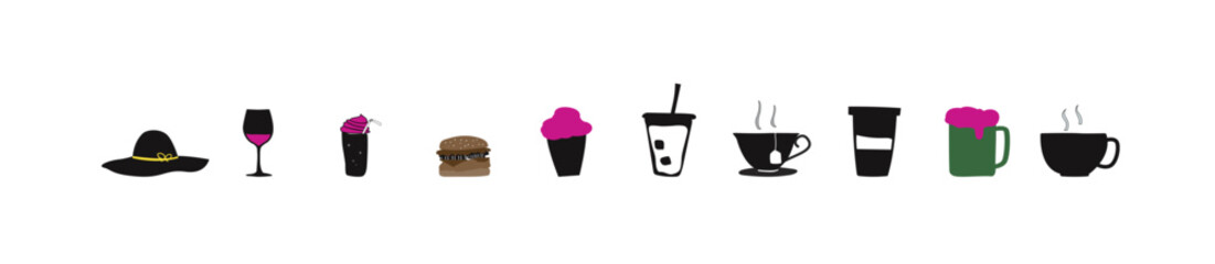 Set of food and drinks icons for menu design and info graphics including burger, sushi, coffee, ice cream, and fruit. Flat icon set of food and drinks burger, pizza, ice cream, and more, vector.
