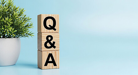 Wooden blocks stacked with q & a letters next to a potted plant against a light blue background representing questions and answers session