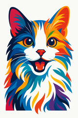 Playful Colorful Cat Portrait Standing With Friendly Smile On White