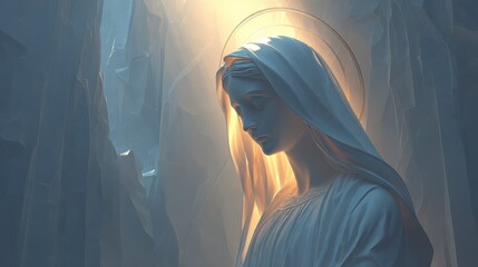 Photorealistic marble statue of Mary illuminated by soft morning light.