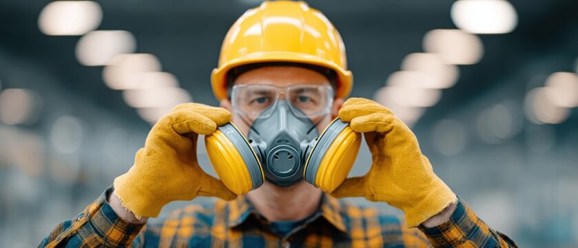 Worker wearing respirator mask and yellow hard hat adjusts cartridge with focused expression in industrial workshop environment, safety conscious and protective atmosphere