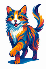 Cute Walking Kitten With Raised Paw Colorful Modern Flat Illustration
