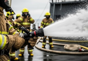Gripping a fire hose nozzle, with water spraying, as a fire crew in fireproof suits coordinates a drill on deck – emergency response, safety training