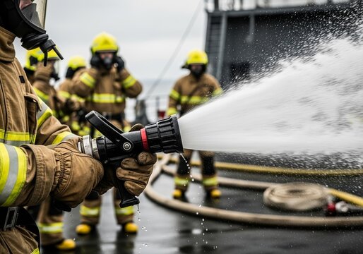 Gripping a fire hose nozzle, with water spraying, as a fire crew in fireproof suits coordinates a drill on deck &ndash; emergency response, safety training