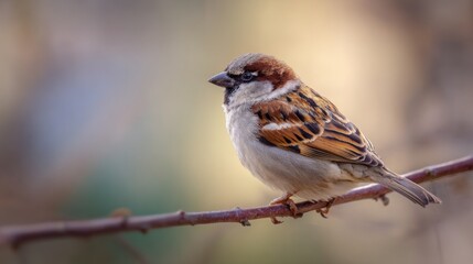 Macro photography of a small sparrow perched on a thin branch, detailed feathers and eyes in sharp focus, blurred natural background, soft sunlight