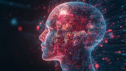 Futuristic digital brain with binary code and light representing data network concept on a blue background illustration