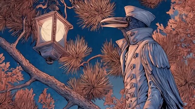 Fantastic adventure with birdman figure watching night lamp in forest, fairytale