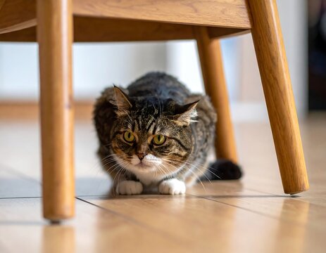 Cat crouched under chair, staring intensely at the viewer