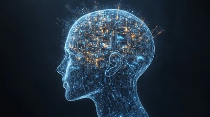 Futuristic digital brain with binary code and light representing data network concept on a blue background illustration